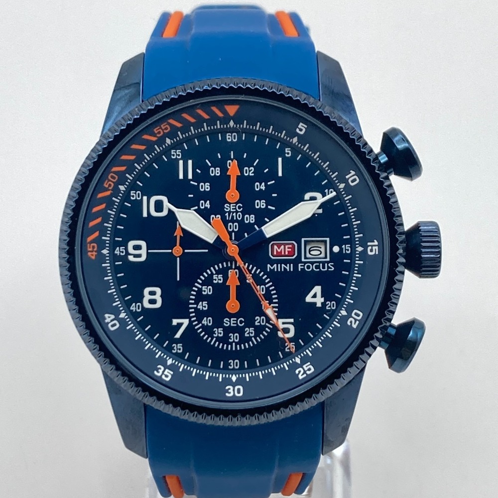 Mini Focus Men's Chronograph Watch 47mm Blue Orange Date WR 30M New Battery 10"